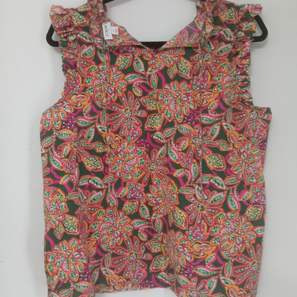 J. Crew Vibrant Floral Ruffle Blouse - Pink, Green, Orange